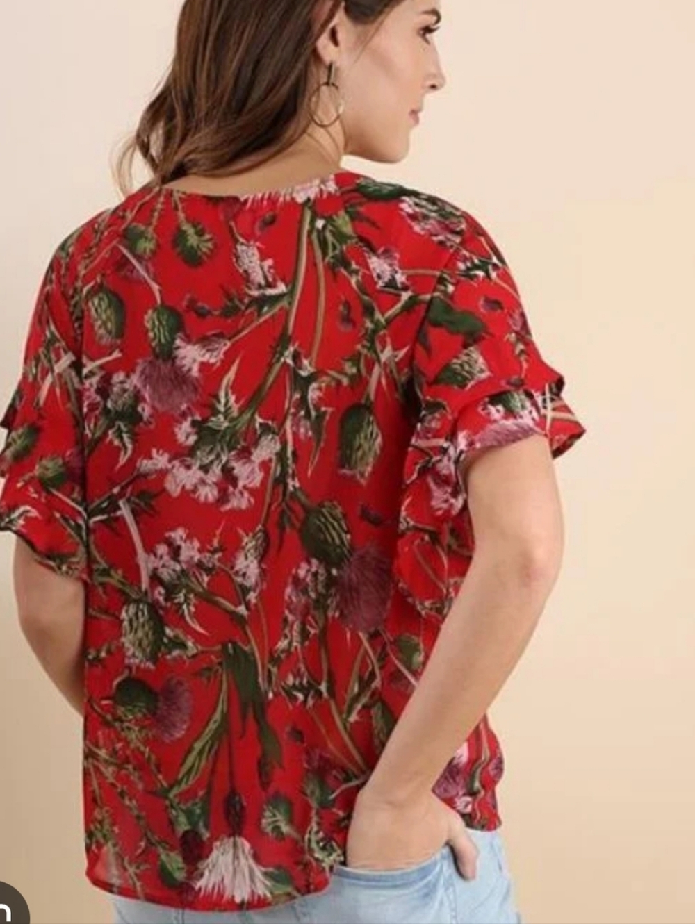 Umgee Red Floral Sheer Ruffle Sleeve Size Medium Blouse